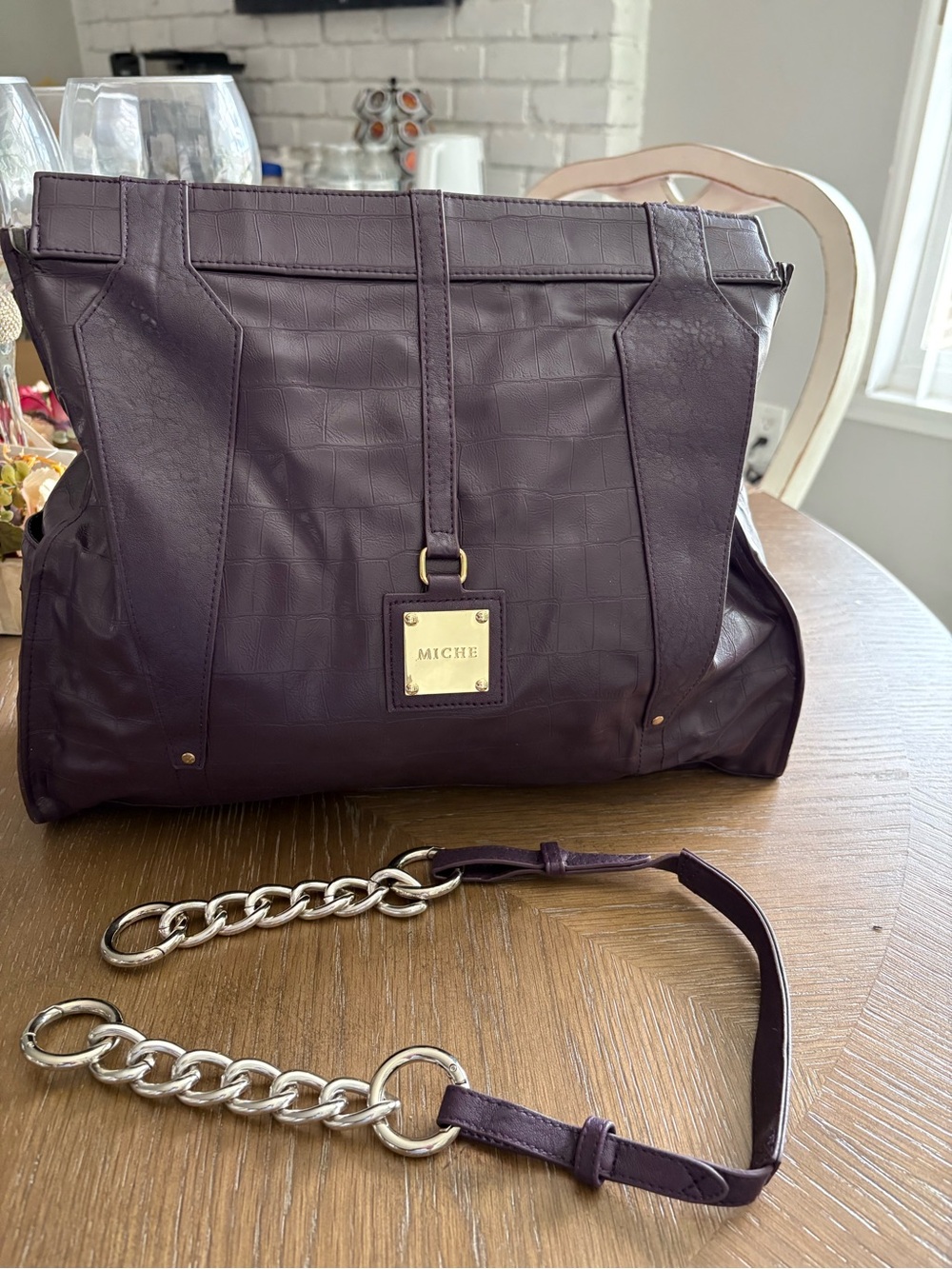 Miche Plum Leather Shoulder Tote with Detachable Chain Strap